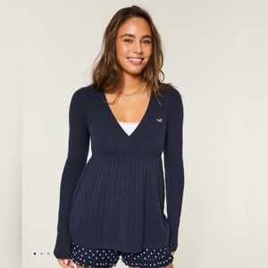 Hollister Wrap Front Long-Sleeve Babydoll Sweater In Navy (Small)